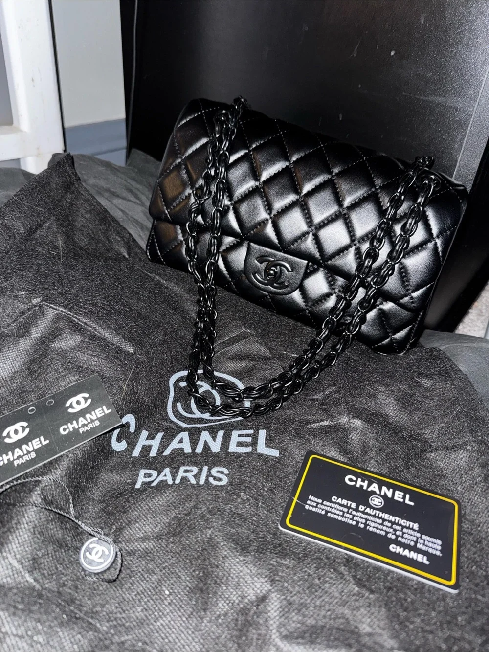 CHANEL Black Quilted Lambskin Shoulder Bag with Chain Strap